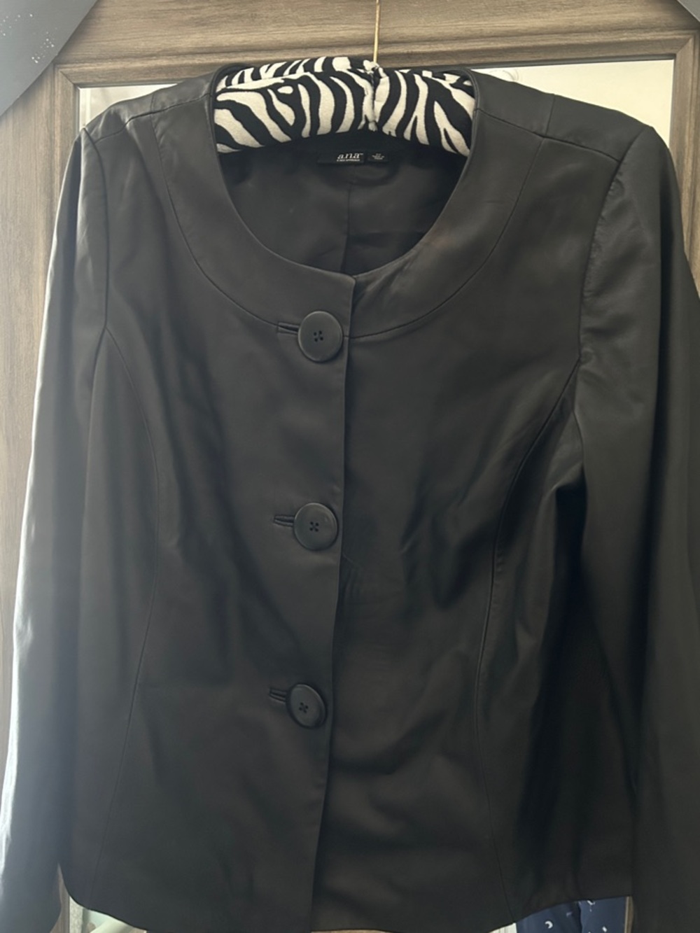 Classic Black Round-Neck Leather Jacket by a.n.a.